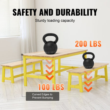 VEVOR kinderzitgroep, kindertafel, 2 banken, 1 tafel, kinderzitgroep van massief hout, kindertafelset, stabiel kindermeubel, zitmeubel voor kinderen, meisjes, jongens, speelkamer, kindermeubelset, geel