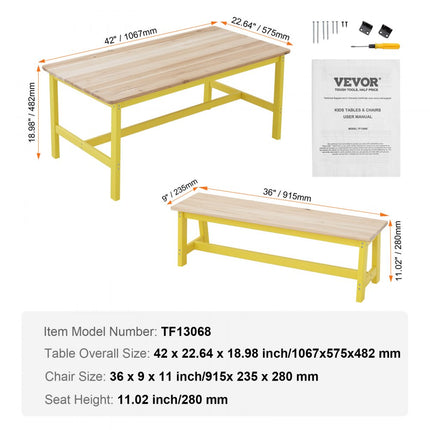 VEVOR kinderzitgroep, kindertafel, 2 banken, 1 tafel, kinderzitgroep van massief hout, kindertafelset, stabiel kindermeubel, zitmeubel voor kinderen, meisjes, jongens, speelkamer, kindermeubelset, geel