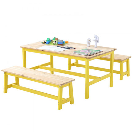 VEVOR kinderzitgroep, kindertafel, 2 banken, 1 tafel, kinderzitgroep van massief hout, kindertafelset, stabiel kindermeubel, zitmeubel voor kinderen, meisjes, jongens, speelkamer, kindermeubelset, geel