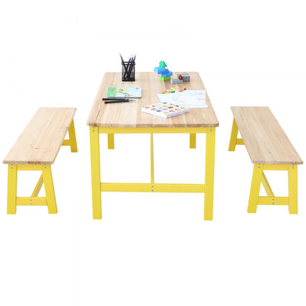 VEVOR kinderzitgroep, kindertafel, 2 banken, 1 tafel, kinderzitgroep van massief hout, kindertafelset, stabiel kindermeubel, zitmeubel voor kinderen, meisjes, jongens, speelkamer, kindermeubelset, geel