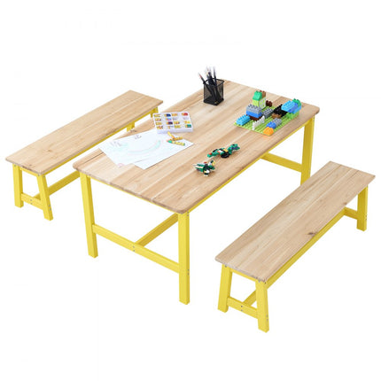 VEVOR kinderzitgroep, kindertafel, 2 banken, 1 tafel, kinderzitgroep van massief hout, kindertafelset, stabiel kindermeubel, zitmeubel voor kinderen, meisjes, jongens, speelkamer, kindermeubelset, geel