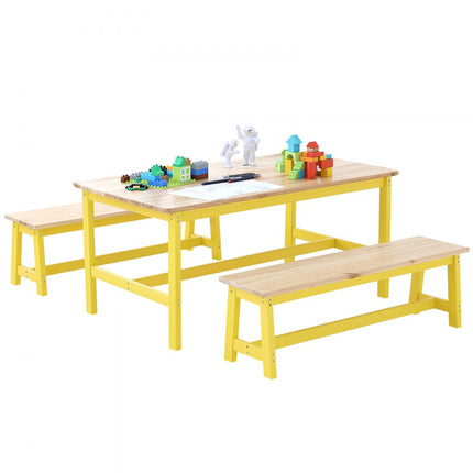 VEVOR kinderzitgroep, kindertafel, 2 banken, 1 tafel, kinderzitgroep van massief hout, kindertafelset, stabiel kindermeubel, zitmeubel voor kinderen, meisjes, jongens, speelkamer, kindermeubelset, geel