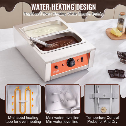 VEVOR Chocolade Smeltkroes Commerciële Elektrische Chocoladesmelter 1500W Smeltkroes Roestvrij Staal 2 x 3.3L Container Chocolade Smeltmachine Smeltkroes Pot