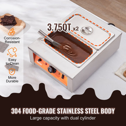 VEVOR Chocolade Smeltkroes Commerciële Elektrische Chocoladesmelter 1500W Smeltkroes Roestvrij Staal 2 x 3.3L Container Chocolade Smeltmachine Smeltkroes Pot