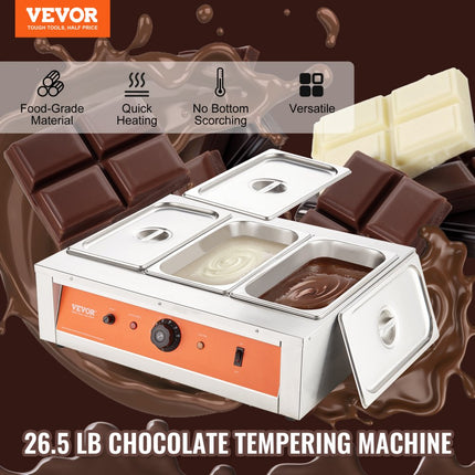 VEVOR Chocoladesmeltkroes Commerciële Elektrische Chocoladesmelter 1500W Smeltkroes Roestvrij Staal 3 x 3.3L Container Chocoladesmeltmachine Smeltkroes Pot