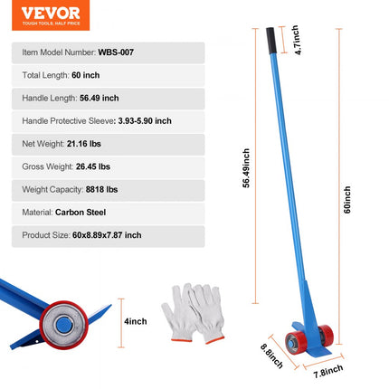 VEVOR koevoeten met wielen 152,4 cm palletbreker 4 ton laadvermogen Koevoeten Q235 koolstofstaal sloop- en koevoet lattenlift incl. handschoenen