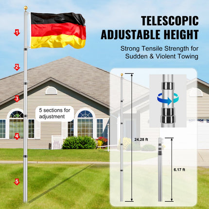 VEVOR Vlaggenmast Aluminium Telescopisch 7,3 m Vlaggenmast Duitsland Vlaggenmast Zilver