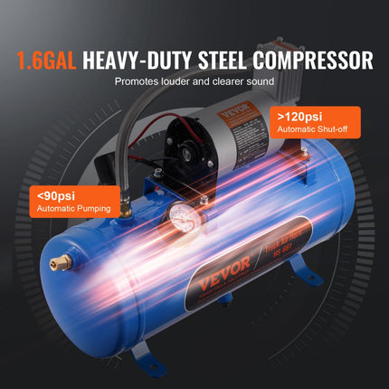 VEVOR 190W treinhoornset, 4 trompetluchthoornset, 150dB treinhoorn voor pick-ups, 12V 90-120psi luchtcompressor, 6L tank met manometer voor elk 12V voertuig, auto, vrachtwagen, trein, bestelwagen, boot enz.