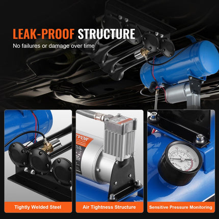 VEVOR 190W treinhoornset, 4 trompetluchthoornset, 150dB treinhoorn voor pick-ups, 12V 90-120psi luchtcompressor, 6L tank met manometer voor elk 12V voertuig, auto, vrachtwagen, trein, bestelwagen, boot enz.