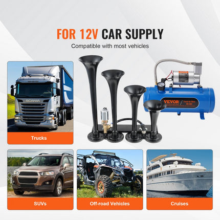 VEVOR 190W treinhoornset, 4 trompetluchthoornset, 150dB treinhoorn voor pick-ups, 12V 90-120psi luchtcompressor, 6L tank met manometer voor elk 12V voertuig, auto, vrachtwagen, trein, bestelwagen, boot enz.