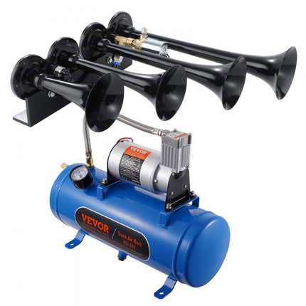 VEVOR 190W treinhoornset, 4 trompetluchthoornset, 150dB treinhoorn voor pick-ups, 12V 90-120psi luchtcompressor, 6L tank met manometer voor elk 12V voertuig, auto, vrachtwagen, trein, bestelwagen, boot enz.