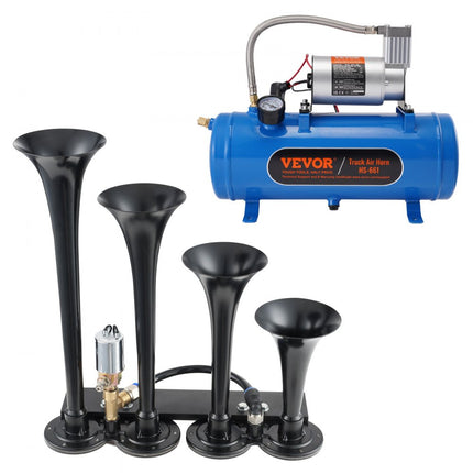 VEVOR 190W treinhoornset, 4 trompetluchthoornset, 150dB treinhoorn voor pick-ups, 12V 90-120psi luchtcompressor, 6L tank met manometer voor elk 12V voertuig, auto, vrachtwagen, trein, bestelwagen, boot enz.