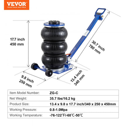 VEVOR pneumatische luchtkrik 3T blauw drievoudige zak luchtkrik 140-450 mm hefhoogte zak luchtkrik 5 minuten lift luchtkrik autokrik krik voor SUV vrachtwagen blauw