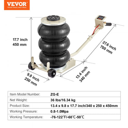 VEVOR Pneumatische Air Jack 3T Wit Triple Bag Air Jack 140-450mm Lift Hoogte Airbag Air Jack Lange steel 5 Minuten Lift Air Jack Car Jack voor SUV, Truck, Auto, etc.