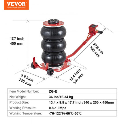 VEVOR Pneumatische Jack Triple Bag Air Jack 3T, Triple Bag Air Jack 140-450 mm Hefhoogte Bag Air Jack, 5 minuten Lift Air Jack Jack Arbeidsbesparend voor SUV, vrachtwagen, auto, enz.