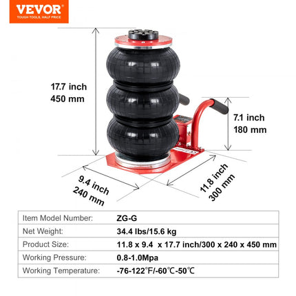 VEVOR Pneumatische krik Triple Bag Air Jack 3T Triple Bag Air Jack 140-450mm Hefhoogte Airbag Air Jack 5 Minuten Lift Korte handgreep Air Jack Jack Red Arbeidsbesparend