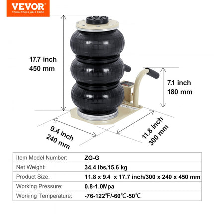 VEVOR Pneumatische Draagbare Jack Triple Bag Air Jack 3T, Triple Bag Air Jack 140-450mm Hefhoogte Airbag Air Jack, 5 Minuten Lift Air Jack Korte Steel Jack Wit