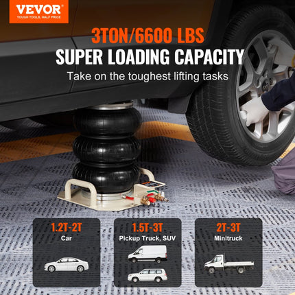VEVOR pneumatische luchtkrik 3T, witte drievoudige luchtkrik 140-450 mm hefhoogte zakluchtkrik, 5 minuten hefluchtkrik autokrik autokrik voor SUV, vrachtwagen, bus etc.