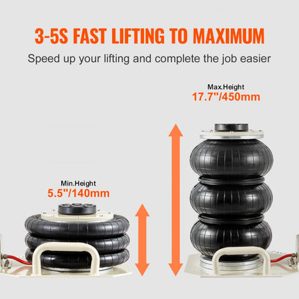 VEVOR pneumatische luchtkrik 3T, witte drievoudige luchtkrik 140-450 mm hefhoogte zakluchtkrik, 5 minuten hefluchtkrik autokrik autokrik voor SUV, vrachtwagen, bus etc.