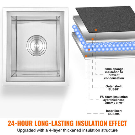 VEVOR Drop-in ijsbox, roestvrijstalen ijskoeler van 25,3 liter, commerciële ijscontainer van 355 x 305 x 461 mm met deksel, ingebouwde ijsopslagkist, afvoerpijp en aftapplug inbegrepen