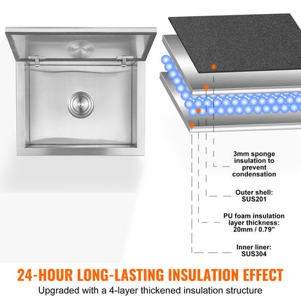 VEVOR Drop in ijskist ijskoeler ijscontainer 44,24L RVS 507x407x333mm