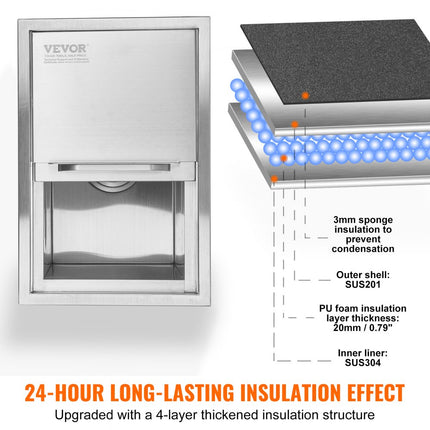 VEVOR 26,7 liter drop-in ijsbox, 456 x 304 x 371 mm roestvrijstalen ijskoeler, commerciële ijscontainer met schuifdeksel, ingebouwde ijsopslagkist, afvoerpijp en afvoerplug inbegrepen