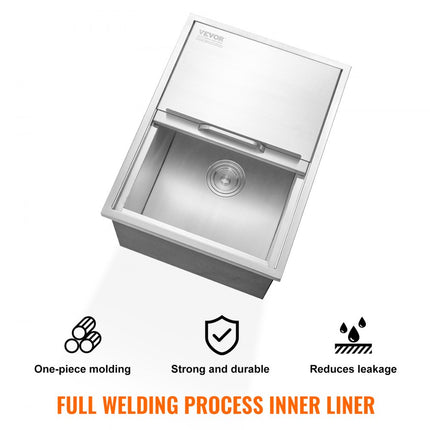 VEVOR 55,23 liter drop-in ijsbox, 608 x 457 x 333 mm roestvrijstalen ijskoeler, commerciële ijscontainer met schuifdeksel, ingebouwde ijsopslagkist, afvoerpijp en aftapplug inbegrepen