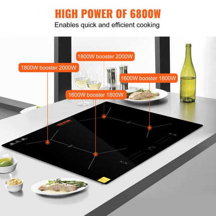 VEVOR inductiekookplaat inductiekookplaat 6800 W, 4 platen inductiekookplaat touchscreen 9 verwarmingsniveaus, ingebouwde inductiekookplaat, automatische uitschakeling en kinderslot