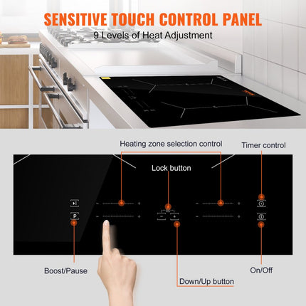VEVOR inductiekookplaat inductiekookplaat 6800 W, 4 platen inductiekookplaat touchscreen 9 verwarmingsniveaus, ingebouwde inductiekookplaat, automatische uitschakeling en kinderslot