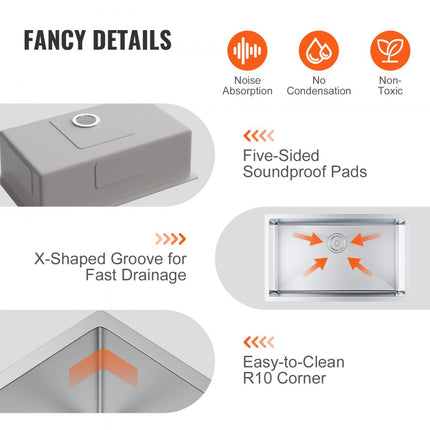VEVOR inbouwwastafel 230 mm diepte, roestvrijstalen keukenspoelbak rechthoekig 712 x 407 mm, inbouwwastafel inbouwwastafel incl. afvoerset gootsteen, voor garages, wasruimtes, kelders
