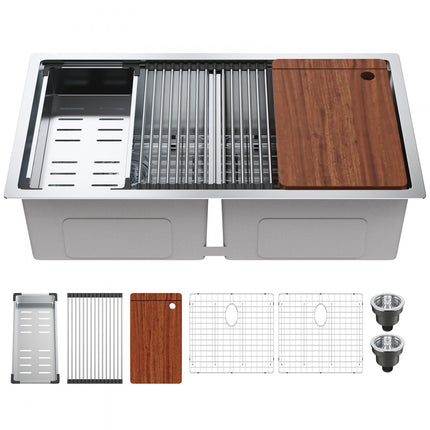 VEVOR 838 x 483 mm keukenspoelbak inbouwspoelbak, dubbele bak met enkele bak en accessoires, wastafelspoelbak voor huishoudelijke vaatwasser voor werkplek, camper, voorbereidingskeuken en bargootsteen