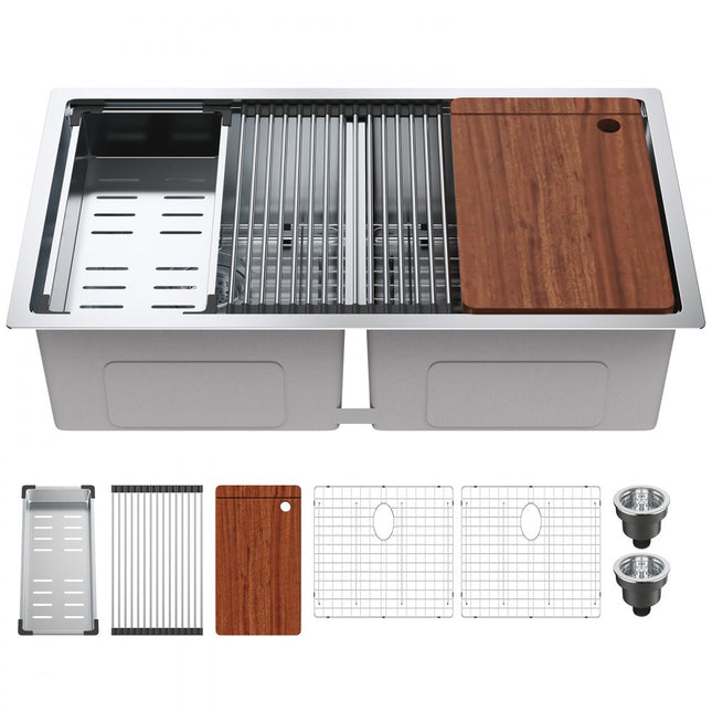 VEVOR 838 x 483 mm keukenspoelbak inbouwspoelbak, dubbele bak met enkele bak en accessoires, wastafelspoelbak voor huishoudelijke vaatwasser voor werkplek, camper, voorbereidingskeuken en bargootsteen