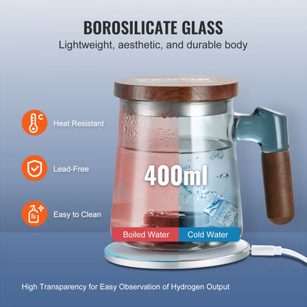 VEVOR waterstofwaterbeker, 400 ml waterstofgenerator, draagbare waterstofwaterionisatiemachine met SPE-technologie en draadloos laadstation, waterstofrijke waterfles