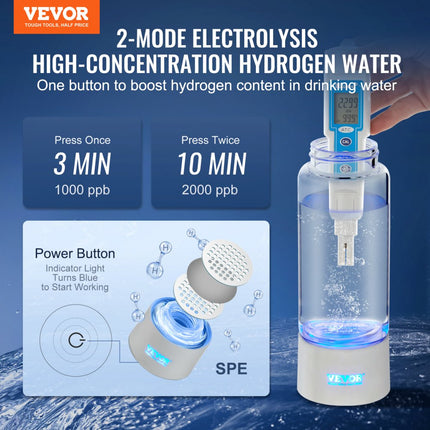 VEVOR Waterstofflesgenerator, draagbare waterstofwatermaker 380 ml, waterstofrijke waterionisator met SPE-technologie, met neusinhalatiebuis en zelfreinigend