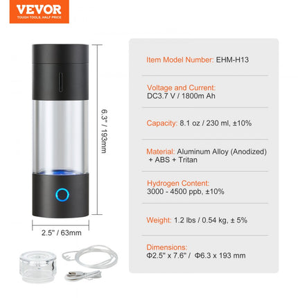 VEVOR Waterstofflesgenerator, draagbare waterstofwatermaker 230 ml, waterstofrijke waterionisator met SPE-technologie, met neusinhalatiebuis en zelfreinigend