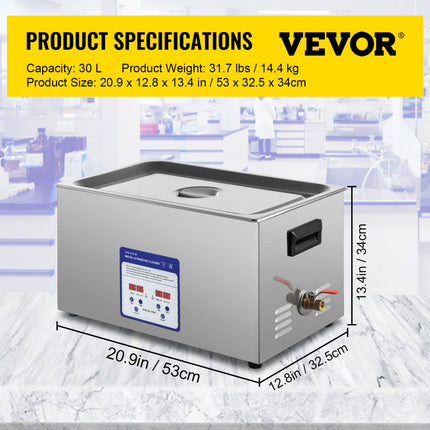 VEVOR Digitale Ultrasone Reiniger 30L Roestvrij Staal Ultrasone Reinigingsmachine 600W Ultrasoon Reiniger met 40 kHz Frequentie en Instelbare Tijd of Temp Ideaal voor het Reinigen van Sieraden, enz