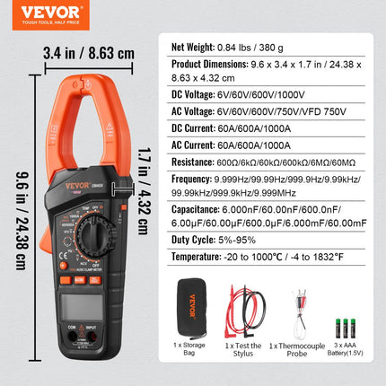 VEVOR Stroomtang 1000A True-RMS Stroomtang Multimeter 5999Counts Stroomtang Voor DC/AC Stroom DC/AC Spanning Frequentie Weerstand Diodetest Aan/Uit Schakelaar Capaciteit/Relatieve waarde