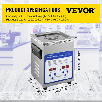 VEVOR Digitale Ultrasone Reiniger 60 W Roestvrij Staal Ultrasone Reinigingsmachine 2 L Ultrasoon Reiniger met 40 kHz Frequentie en Instelbare Tijd of Temp Ideaal voor het Reinigen van Sieraden, enz