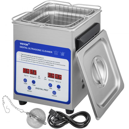 VEVOR Digitale Ultrasone Reiniger 60 W Roestvrij Staal Ultrasone Reinigingsmachine 2 L Ultrasoon Reiniger met 40 kHz Frequentie en Instelbare Tijd of Temp Ideaal voor het Reinigen van Sieraden, enz