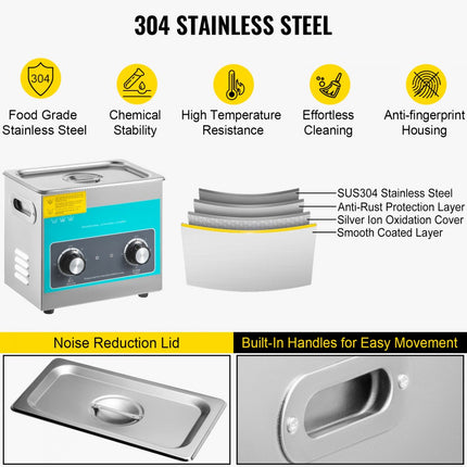 VEVOR Digitale Ultrasone Reiniger, 27x17x24 cm Ultrasone Reinigingsmachine, 3 L 304 Roestvrij Staal Ultrasoon Reiniger, voor het Reinigen van Vinylplaten, Sieraden, Brillen, Laboratoriumbenodigdheden