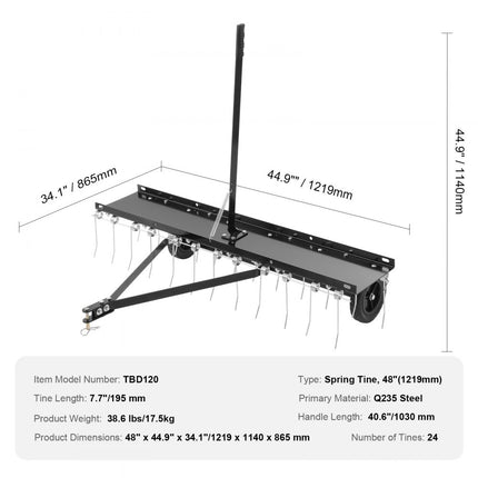 VEVOR verticuteermachine, gazoneg, mosverwijderaar, gazonbeluchter, 24 tanden, 121,9 cm
