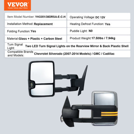 VEVOR elektrische zijspiegels voor Chevrolet Silverado (2007-2014)/GMC/Cadillac