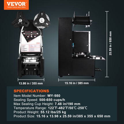 VEVOR Sluitmachine 500-650 kopjes/uur Kopsluitmachine voor 190 mm hoge 90/95 mm grote kopjes Elektrische Boba-theesealer met digitale LCD-bediening voor bubbelmelk, thee, koffie, zwart