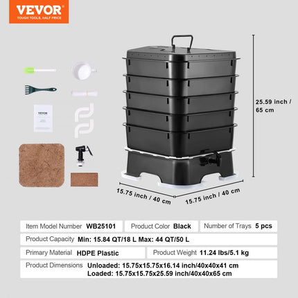VEVOR snelcomposter 18-50L tuincomposter 400x400x650mm thermische composter HDPE kunststof composter Inclusief 5 kommen en een opvangbak Compostbak Compostering Vermindering van huishoudelijk afval
