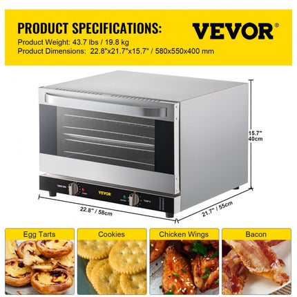 VEVOR Elektrische Tafeloven 47L/43Qt Kleine Oven 1600W 4-laags Mini Elektrische Oven met Glazen Deur Aan de Voorkant, Elektrische Tafel Top Convectie Oven met Dienbladen Draadrekken Cliphandschoenen