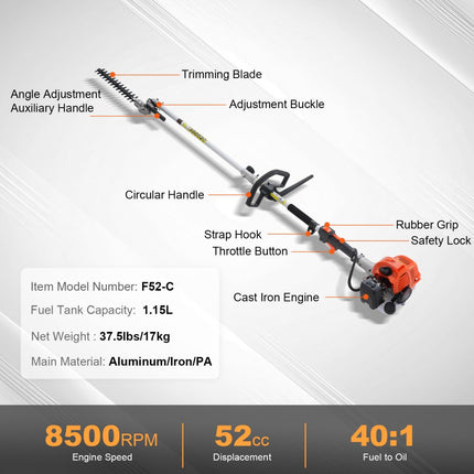 VEVOR 6-in-1 heggenschaar benzine heggenschaar 52CC heggenschaar met lange steel