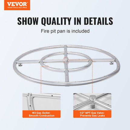 VEVOR Φ 609 mm ronde drop-in vuurplaatsbranderring RVS vuurplaatsbrander Natuurlijk propaangasvuurschaal 92.000 BTU Binnen buitengebruik