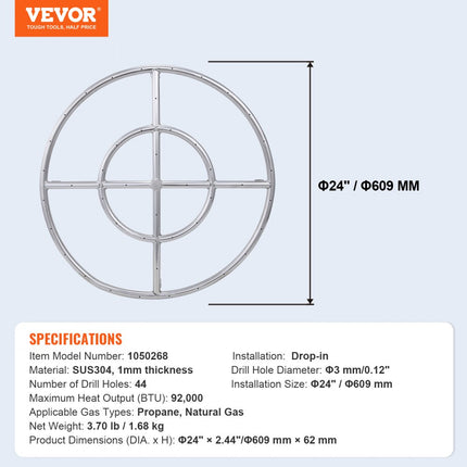 VEVOR Φ 609 mm ronde drop-in vuurplaatsbranderring RVS vuurplaatsbrander Natuurlijk propaangasvuurschaal 92.000 BTU Binnen buitengebruik