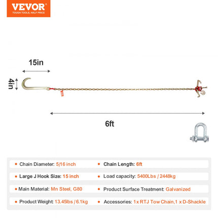 VEVOR 5/16"x6' G80 trekketting 15" J-haak lange schacht RTJ & grijphaak sleepkraan