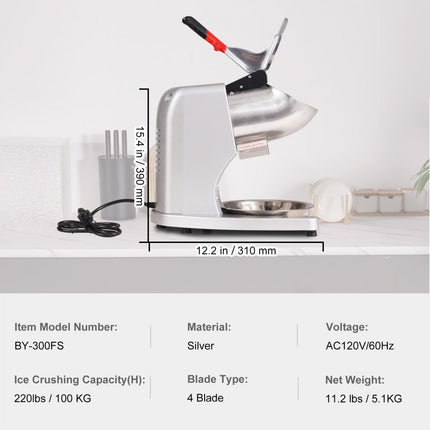 VEVOR elektrische ijsbreker machine ijsscheermachine ijsscheerapparaat 100 kg/u, roestvrijstalen ijsbreker scheerapparaat 300 W, 390x260x310 mm met plastic omhulsel en extra mesjes zilver